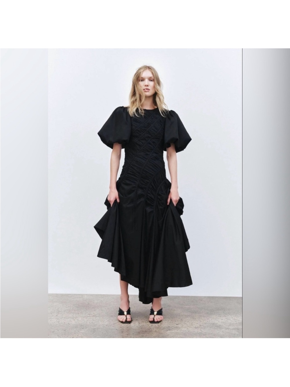 Aje Black Asymmetrical Puff Sleeve Midi Dress